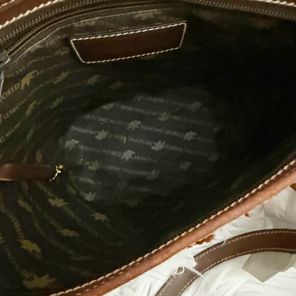 HUNTING WORLD | Canvas Leather Tote Bag Zipper Top Taupe Tan Brown Trapeze - Picture 7 of 8